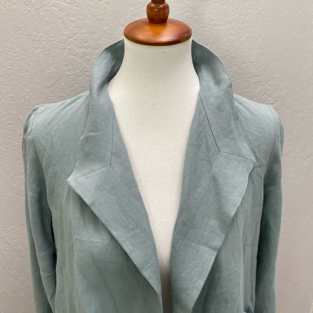Eileen Fisher Funnel Neck Jacket Spring Linen Petite Small Tarragon Blue Green - Picture 2 of 15